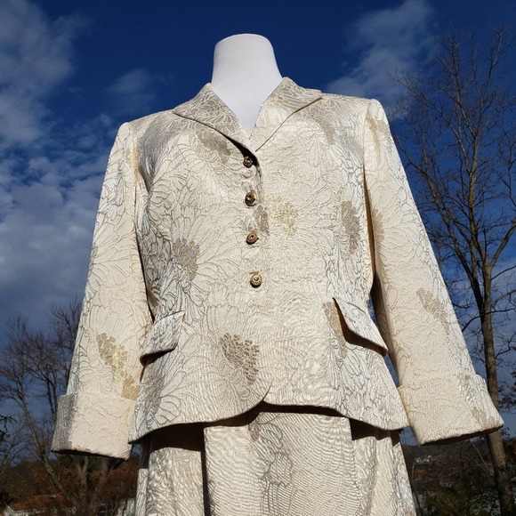 JONES NY Dress Jacket Cream Gold Metallic Formal Silk Set Floral Brocade 12 - Picture 10 of 16